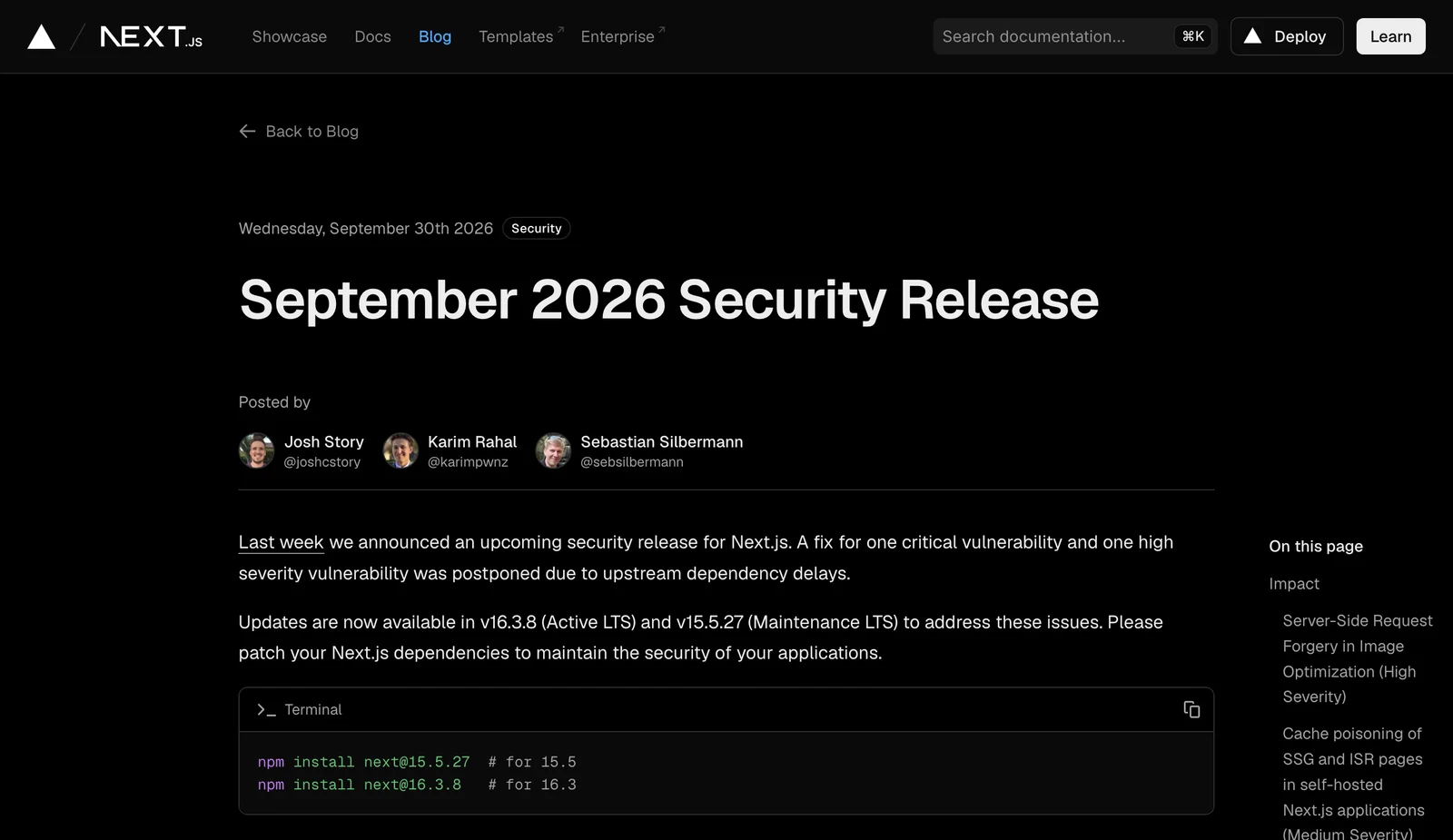 Stránka September 2026 Security Release na blogu Next.js z 30. září 2026 s příkazy pro instalaci verzí 15.5.27 a 16.3.8 a první popsanou chybou v optimalizaci obrázků.