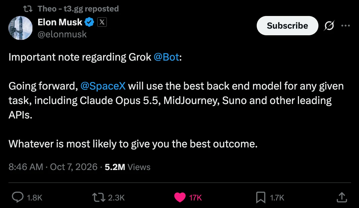 Příspěvek Elona Muska na X ze 7. října 2026: Going forward, SpaceX will use the best back end model for any given task, including Claude Opus 5.5, MidJourney, Suno and other leading APIs.