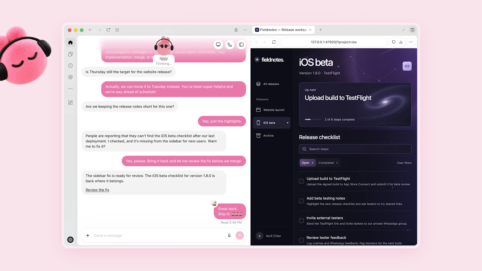 Ukázka Dots od OpenAI. Vlevo konverzace s agentem o opravě aplikace, vpravo jeho prohlížeč s aplikací na adrese 127.0.0.1.