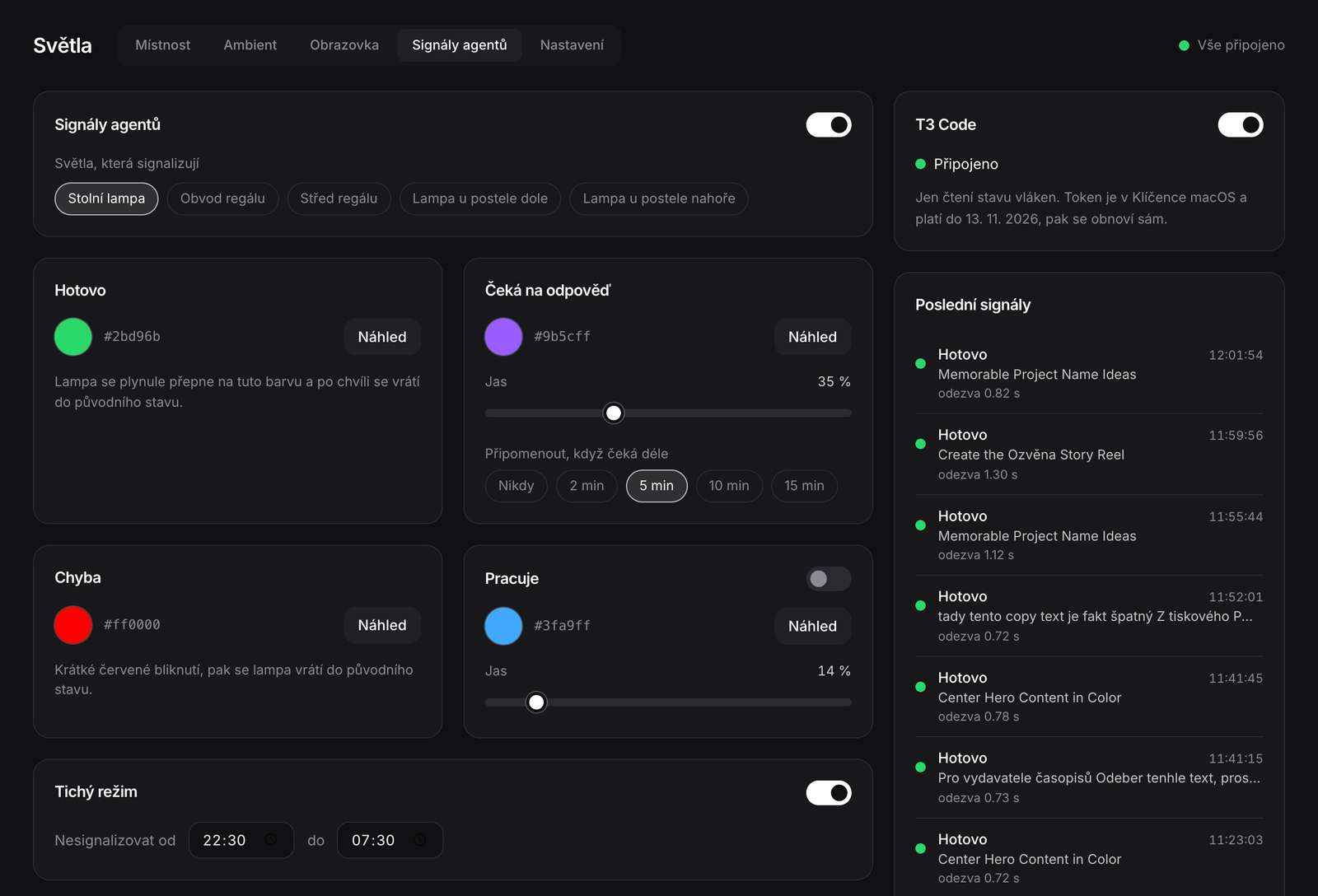 Záložka Signály agentů: barvy pro Hotovo, Čeká na odpověď, Chyba a Pracuje, tichý režim od 22:30 do 7:30, připojení k T3 Code jen pro čtení a log posledních signálů s názvem vlákna.