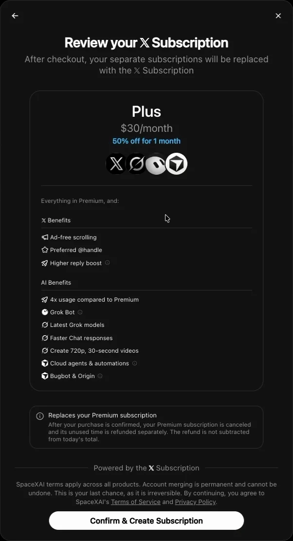 Okno Review your X Subscription s tarifem Plus za 30 USD měsíčně, upozorněním na zrušení předplatného Premium a větou, že sloučení účtů je trvalé a nevratné.
