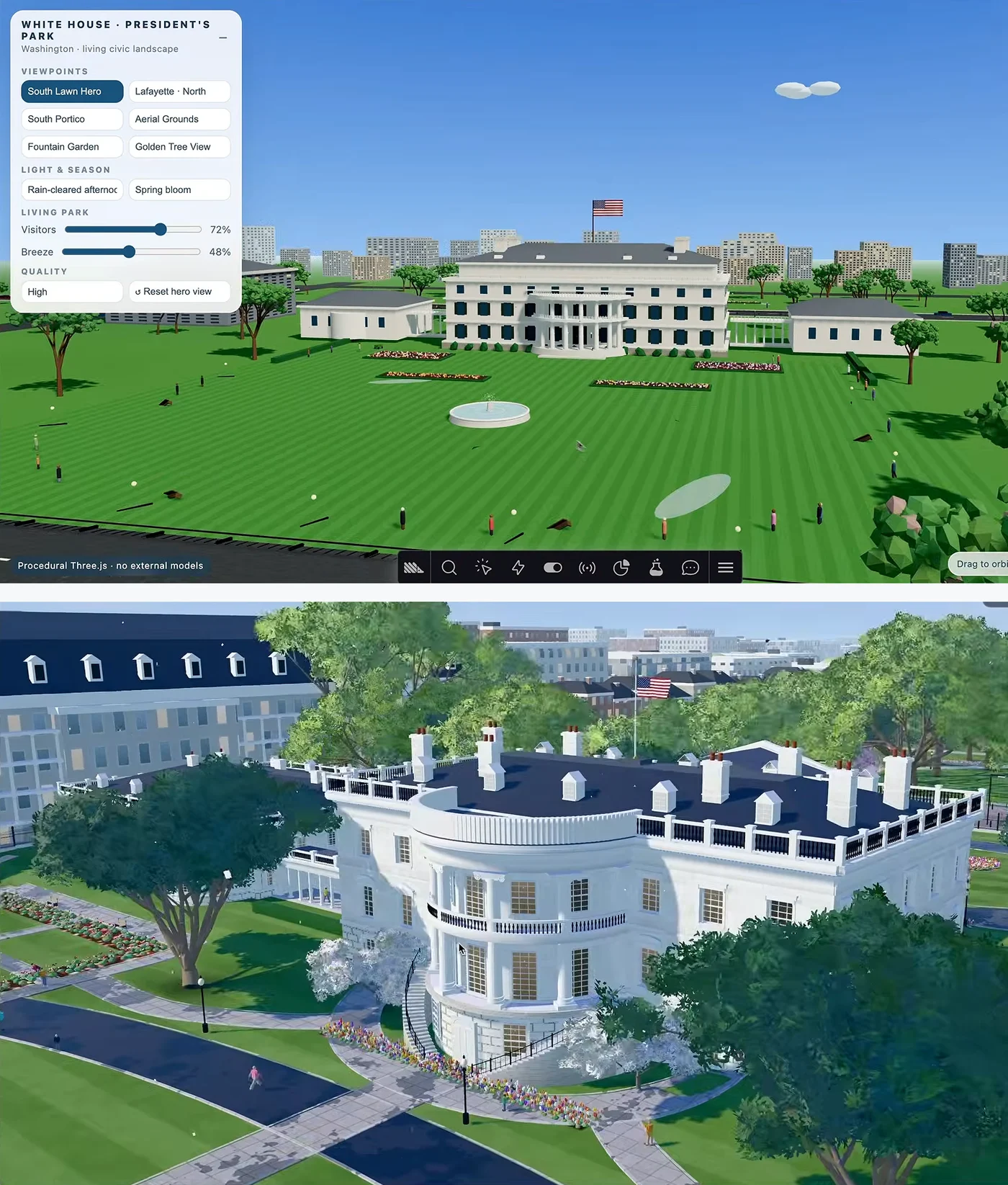 Dvě 3D scény Bílého domu pod sebou. Horní od Muse Wonder ukazuje jednoduchý hranatý dům na plochém pruhovaném trávníku s krabicovými budovami v pozadí. Dolní od Claude Sonnet 5.5 má členitou budovu s balkonem a komíny, vzrostlé stromy, květinové záhony, cesty a chodce.
