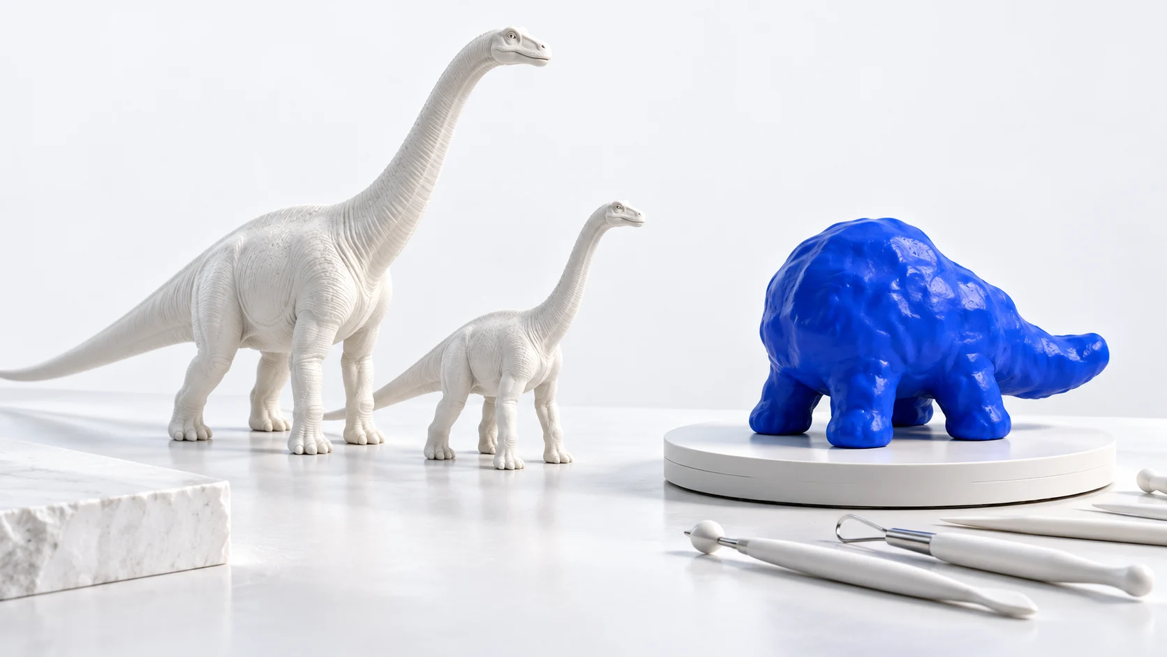 Dvě jemně vymodelované bílé figurky dlouhokrkých dinosaurů a vedle nich na točně hrbolatá lesklá modrá figurka, která má být stejný dinosaurus, ale vypadá jako brambora na čtyřech nohách. V popředí leží modelářské nástroje.