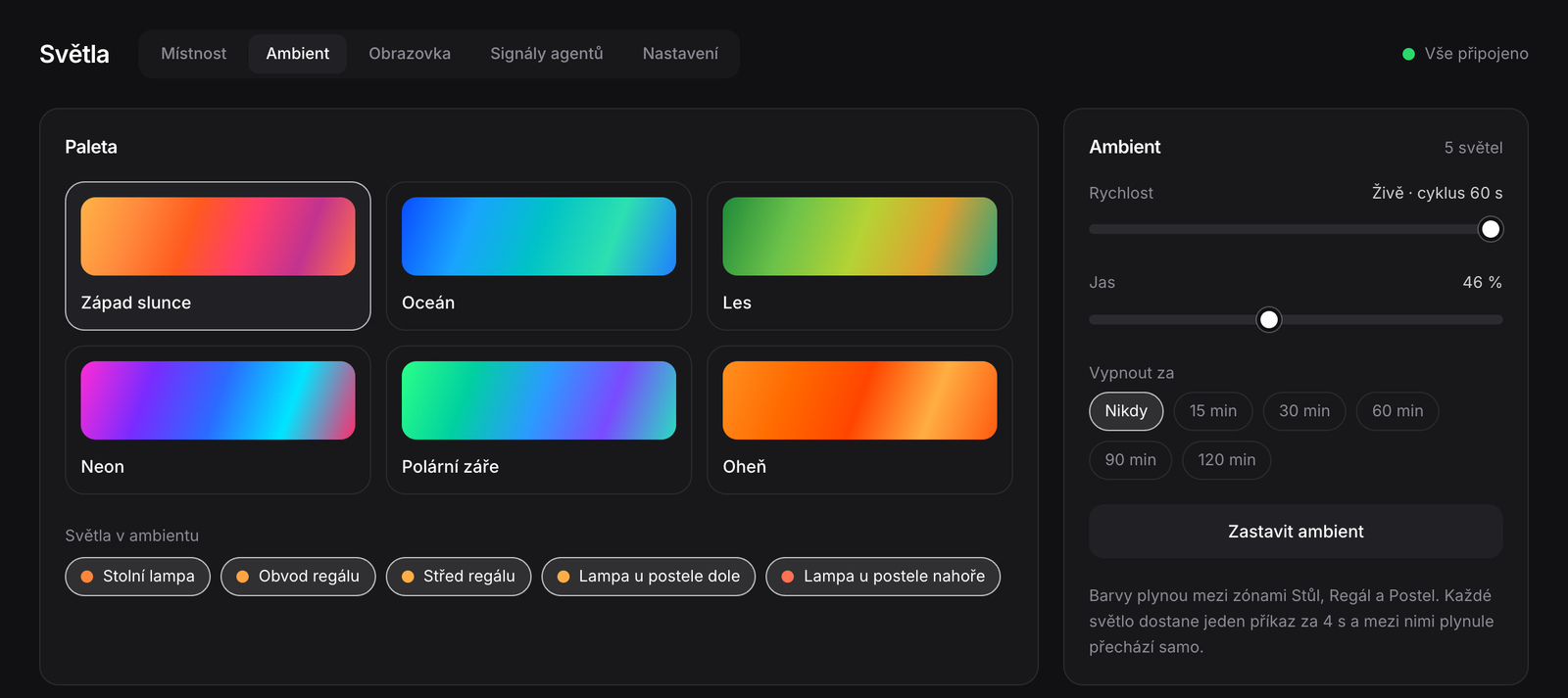 Záložka Ambient: šest palet (Západ slunce, Oceán, Les, Neon, Polární záře, Oheň), výběr světel a vpravo rychlost, jas a časovač vypnutí.