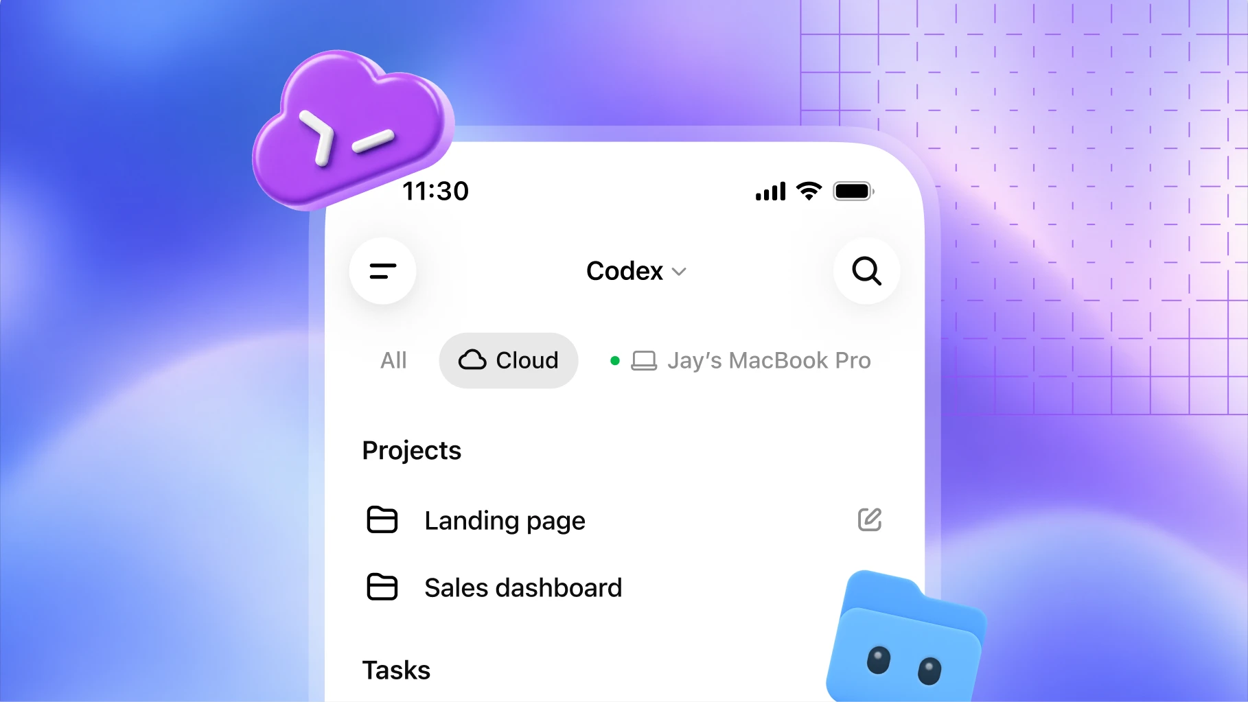 Codex v mobilu s přepínačem mezi cloudem a vlastním MacBookem a seznamem projektů Landing page a Sales dashboard.