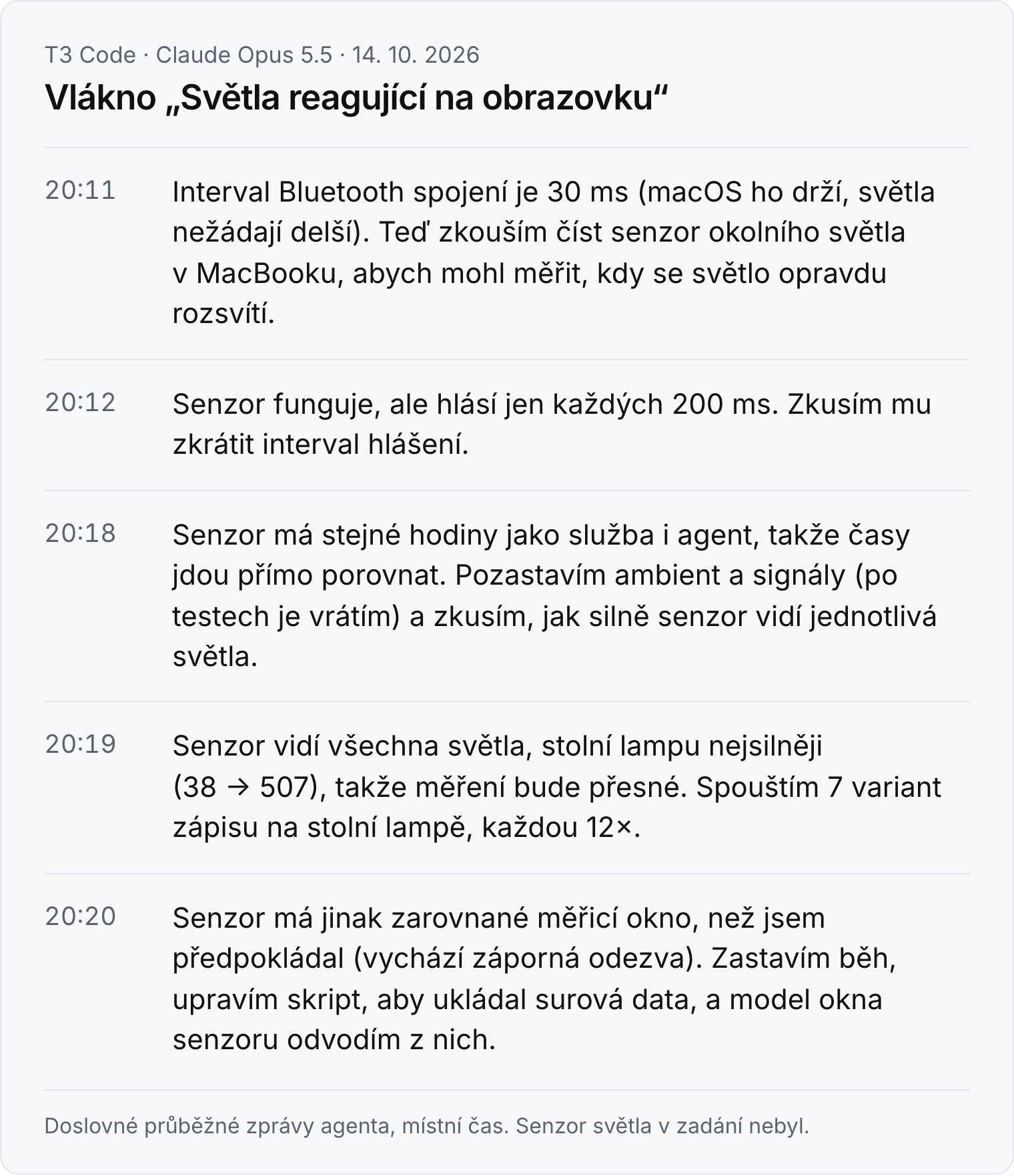 Výňatek z vlákna Světla reagující na obrazovku, 14. 10. 2026 mezi 20:11 a 20:20: Claude zkouší číst senzor okolního světla v MacBooku, zkracuje mu interval hlášení, ověřuje, že senzor vidí všechna světla, a opravuje vlastní chybný předpoklad o měřicím okně.