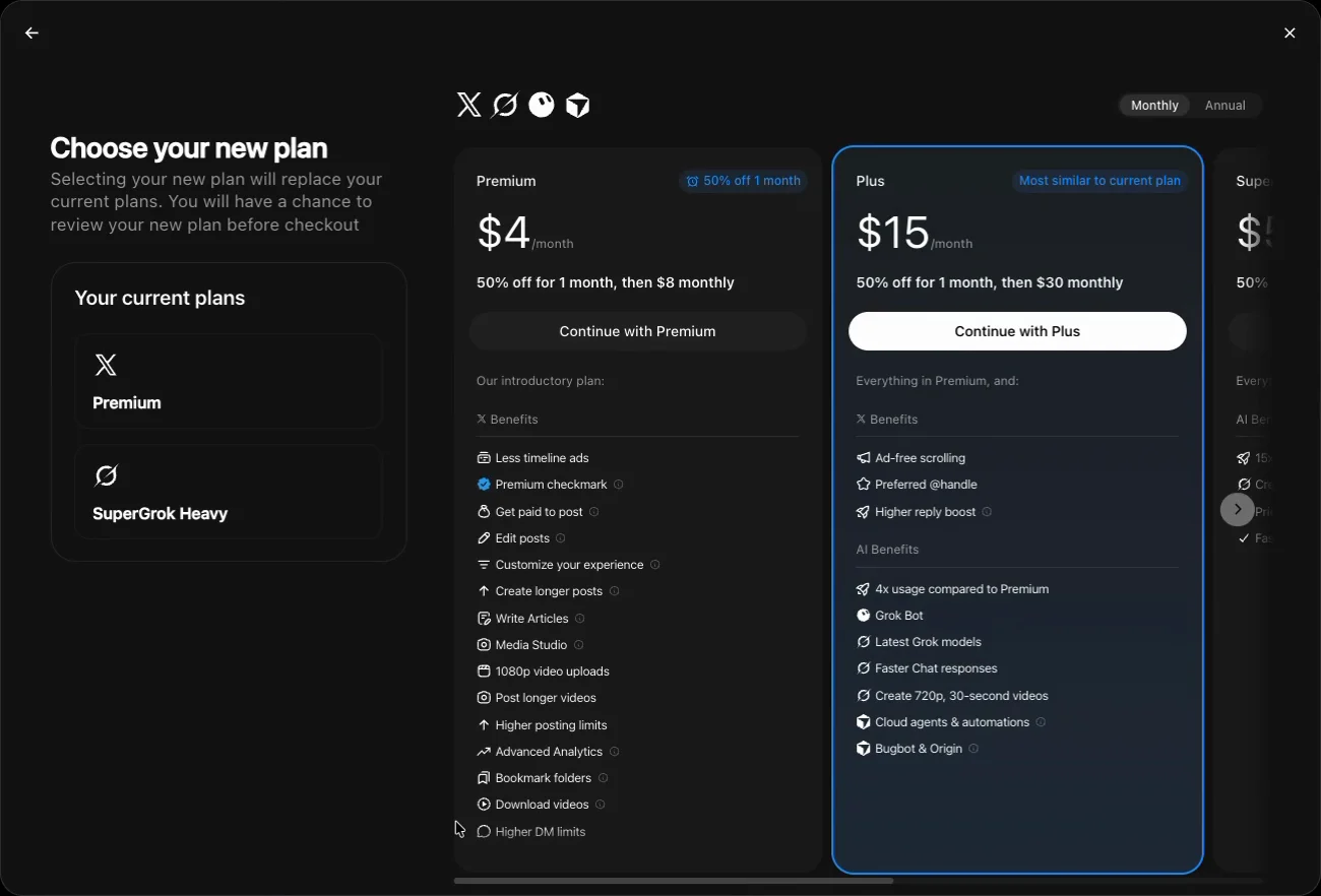 Okno Choose your new plan. Vlevo současné tarify Premium a SuperGrok Heavy, vpravo Premium za 4 USD a zvýrazněný Plus za 15 USD v prvním měsíci.