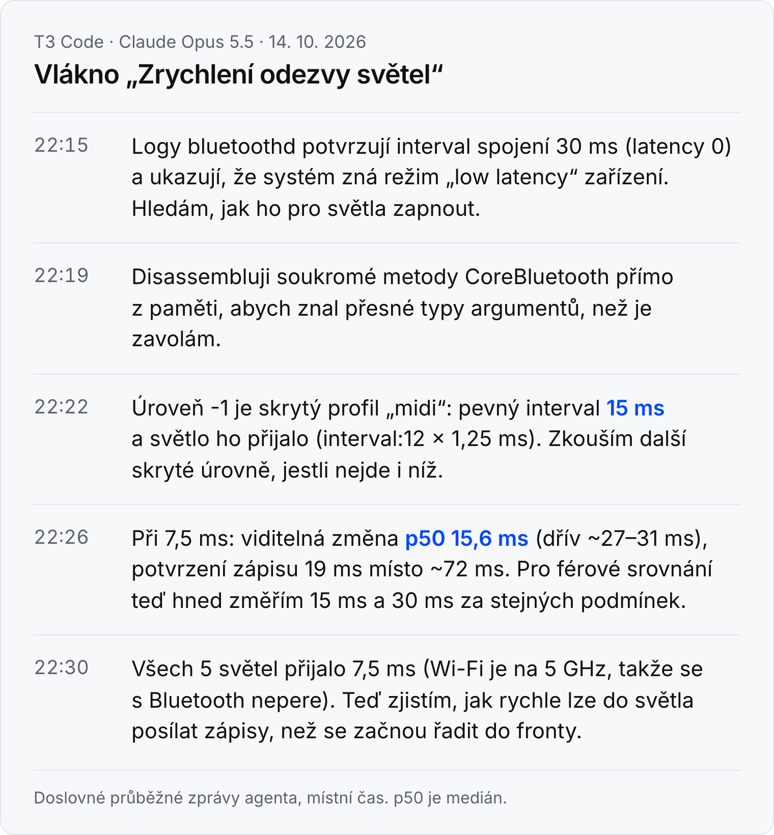 Výňatek z vlákna Zrychlení odezvy světel, 14. 10. 2026 mezi 22:15 a 22:30: Claude v logu bluetoothd najde interval 30 ms, rozebere soukromé metody CoreBluetooth, objeví skrytý profil midi s 15 ms, změří 7,5 ms a ověří, že ho přijalo všech pět světel.