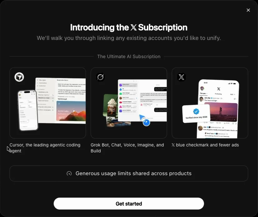 Úvodní okno Introducing the X Subscription se třemi kartami: Cursor, Grok Bot s Grokem a modrá značka X. Pod nimi věta o sdíleném limitu napříč produkty.
