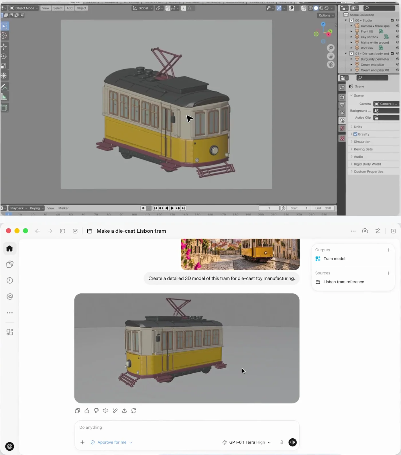 Dva snímky z videa OpenAI. Nahoře Blender se žlutobílým 3D modelem lisabonské tramvaje se sběračem na střeše. Dole okno ChatGPT Work s fotkou tramvaje, zadáním Create a detailed 3D model of this tram for die-cast toy manufacturing, hotovým modelem a vybraným modelem GPT-6.1 Terra High.